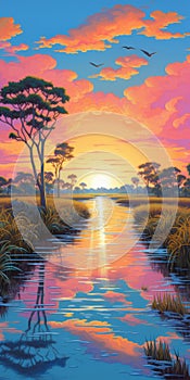 Vibrant Sunset Art: A Romantic Riverscape In Lisa Parker\'s Style photo