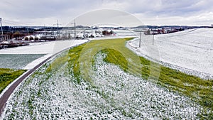 The photo captures a mesmerizing winter landscape as seen from the lofty vantage point of a drone