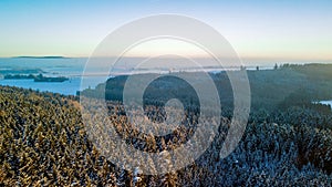 The photo captures a mesmerizing winter landscape as seen from the lofty vantage point of a drone