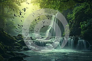 This photo captures a painting featuring birds soaring through the sky above a cascading waterfall, Birds flocking over a river