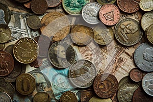 This photo captures a pile of various types of coins from different countries, showcasing a diverse collection of currencies,