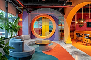 This photo captures a room with vibrant colors, featuring a circular mirror, Colorful and playful tech start-up office space, AI