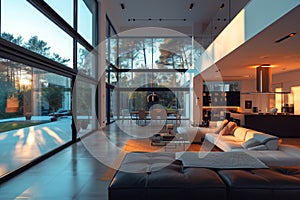 This photo captures a spacious living room adorned with various pieces of furniture and featuring expansive windows, An