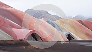Minimalist Shingle Architecture In Landmannalaugar With Soft Colored Installations photo