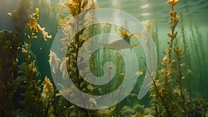 This photo captures the underwater scene of seaweed and seahorses swimming in the water, An underwater forest of towering kelp