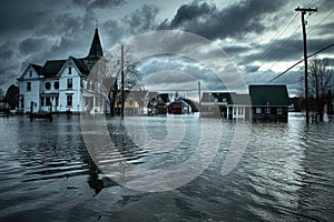 A photo capturing the aftermath of a severe flood, with houses standing in a flooded street, A flood taking over a small rural