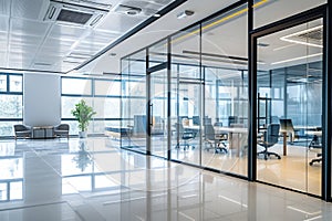 A photo capturing the calm and orderly atmosphere of an office space, showcasing its transparent glass walls and empty chairs,