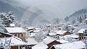 A photo capturing a charming village nestled amidst snow-covered peaks, with houses and buildings covered in pristine white snow,