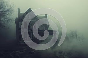 A photo capturing the haunting presence of a mysterious house situated in the midst of a dense, fog-covered forest, Spooky haunted