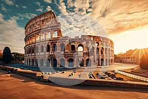 A photo capturing the imposing grandeur of the Roman Colosseum in Rome, showcasing its colossal architecture against a clear blue