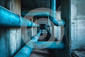 A photo capturing a lengthy arrangement of blue pipes within the interior of a building, Blue pipes crawling through a monolithic