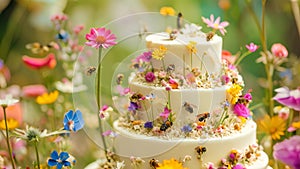A photo capturing a multi-tiered cake adorned with vibrant wildflowers, Garden party with bees and butterflies celebrating a