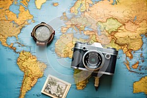 A photo capturing an old camera resting on a map of the world, Top view travel concept with retro camera films, map, and passport