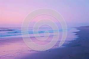 A photo capturing a pink and blue sky hanging over a beach, creating a stunning color palette, Soft gradients embodying a calm