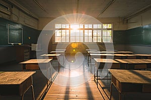 A photo capturing the quietness and simplicity of an empty classroom with wooden desks aligned neatly and green chalkboard walls,