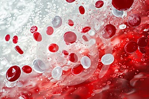 A photo capturing red and white bubbles floating gracefully in water, creating an eye-catching display, Bright, contrasting