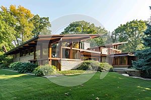 A photo capturing a substantial house sitting atop a vibrant green field, A Frank Lloyd Wright-inspired mid-century modern house,