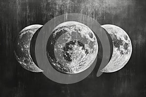 A photo capturing the three primary phases of the moon in a stark black and white color scheme, A moon-phase design in black and