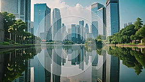 A photo capturing the urban landscape of a metropolitan city, showcasing a body of water surrounded by towering buildings,