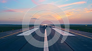 A photo capturing the view down the length of an airport runway, showcasing. AI Created.