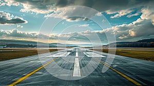 A photo capturing the view down the length of an airport runway, showcasing. AI Created.