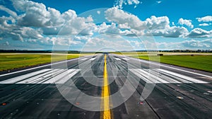 A photo capturing the view down the length of an airport runway, showcasing. AI Created.