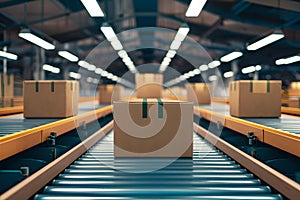 Photo Cardboard box packages move along conveyor belt in industrial setting