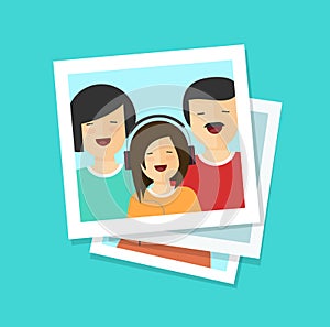 Photo cards or happy family vector illustration, flat cartoon photos or man, woman and girl together, lots of