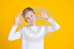 Photo of carefree fooling kid dressed white shirt rising arms palms bloated cheeks empty space isolated yellow color