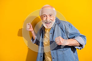 Photo of carefree person toothy smile have fun partying clubbing isolated on yellow color background