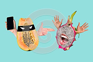 Photo cartoon comics sketch collage of papaya gangster plundering pitaya arms up shouting isolated teal turquoise color