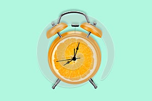 Photo cartoon comics sketch picture of juicy orange clock showing eight o'clock isolated teal turquoise background