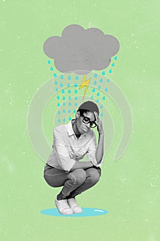 Photo cartoon comics sketch picture of unhappy person sitting under rainy cloud isolated green drawing background