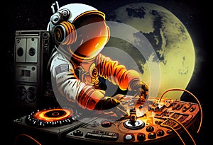 Photo of cartoon spaceman djing. Generate Ai