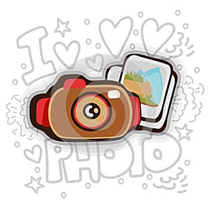 Photo cartoon vector icon. Photo camera and photos with decoration elements on background, icon in fun cartooning style