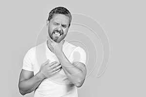 photo of caucasian man with sore throat wear shirt. ill man having sore throat. man in shirt