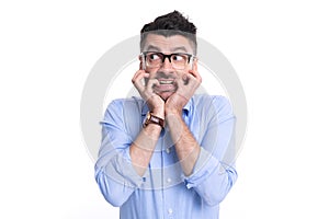 photo of caucasian scared man in panic. scared man in panic isolated on white background.
