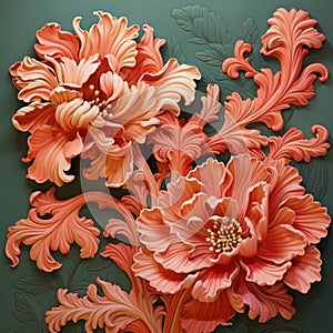 Intricately Sculpted Floral Patterns On Green Wall: Anamorphic Art photo