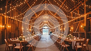 A photo of a charming barn featuring a spacious long table illuminated by hanging lights suspended from the ceiling, Rustic barn