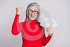 Photo of charming happy amazed old woman winner hold hands money usd isolated on grey color background