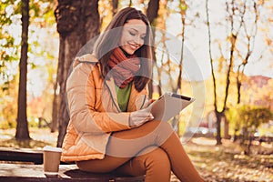 Photo of charming lovely lady smiling sit bench park hold tablet drink coffee posting picture falling autumn leaves wear