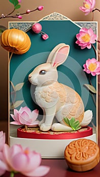 Photo Of Charming Midautumn Festival Card With A Playful Rabbit And Ornate Mooncakes On A Backdrop Of Lotus Blossom. Generative AI