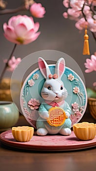 Photo Of Charming Midautumn Festival Card With A Playful Rabbit And Ornate Mooncakes On A Backdrop Of Lotus Blossom. Generative AI