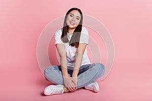Photo of charming pretty lady anticipate love interest wear white t-shirt isolated on pink background