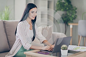 Photo of charming young girl sit sofa typing keyboard netbook laptop wear shirt in home office indoors