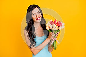 Photo of charming young lady hold bunch tulips toothy smile wear blue dress isolated yellow color background