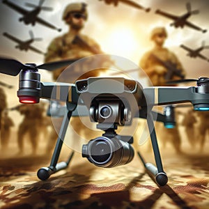 photo of cheap fpv war drone on blurred military background