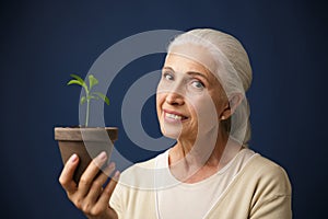 Photo of cheerful aged woman holding young plant in the spot, lo