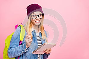 Photo of cheerful interesting schoolgirl having reminded about last exam to be passed next day while isolated with