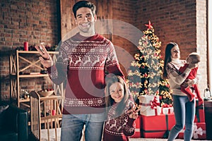 Photo of cheerful positive family christmas miracle xmas enjoy v-signs indoors inside house home apartment